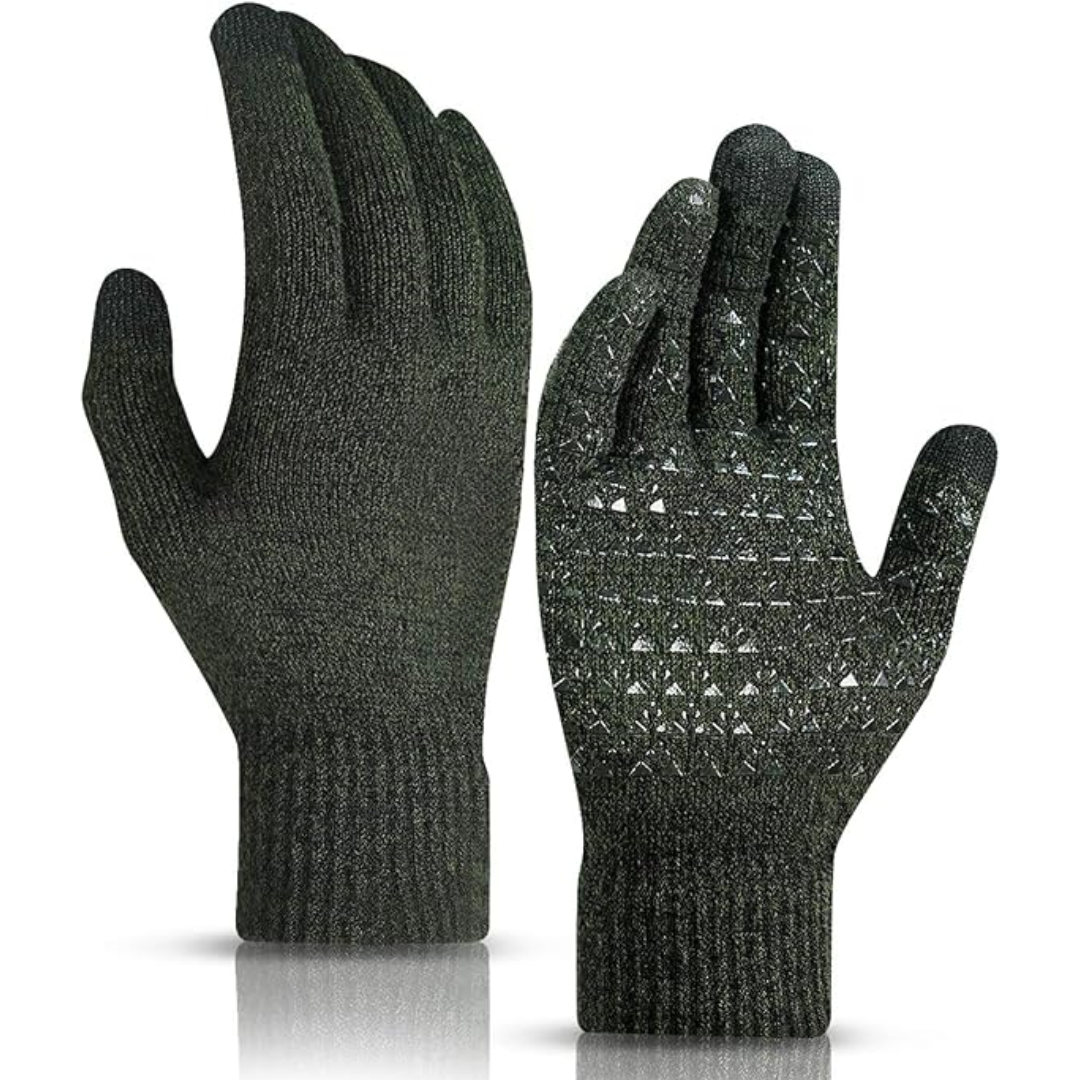 Knit thermal winter gloves with touchscreen, comfortable for cold weather.