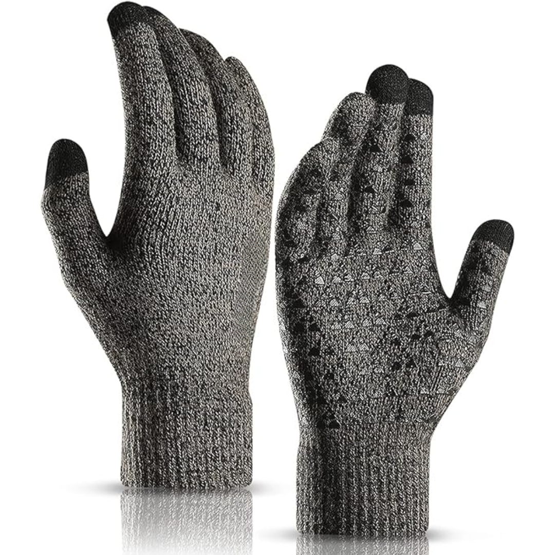 Thermal touchscreen knit gloves, flexible & warm for cold outdoor activities.