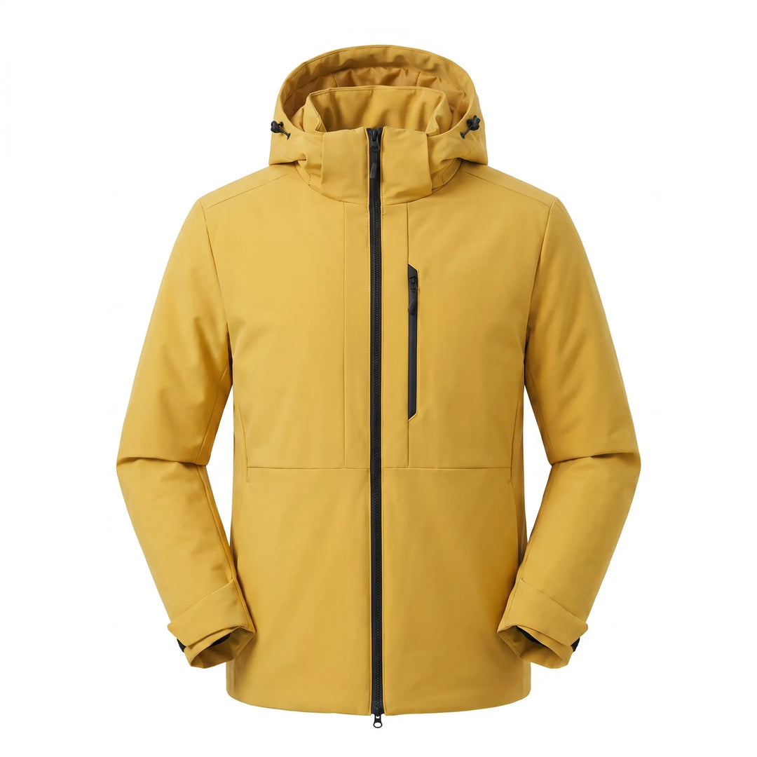 Front view of a dark unisex thermal windbreaker jacket, featuring a full zipper & hood for ultimate outdoor protection.