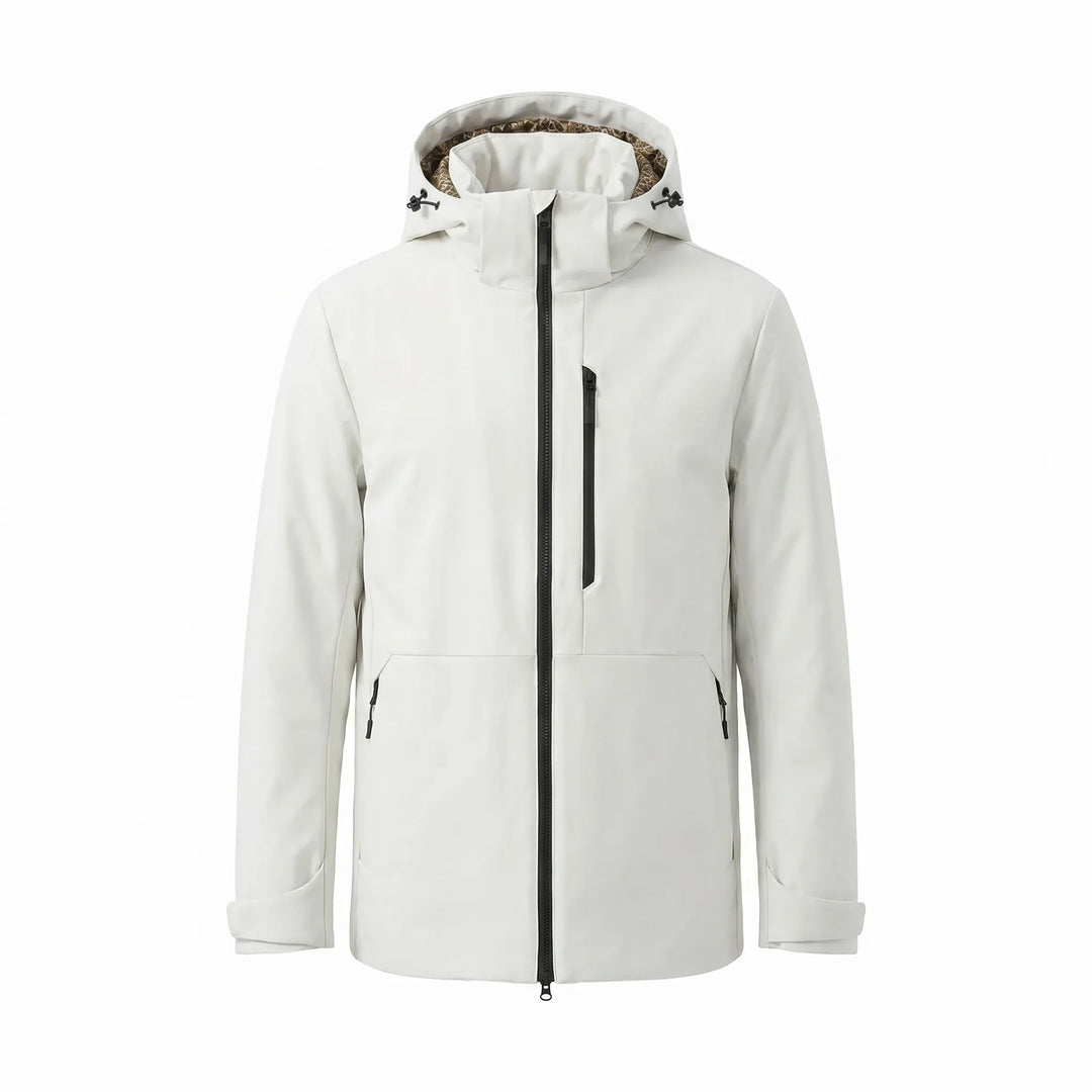 Back view of a unisex thermal windbreaker, showing ergonomic design, perfect for hiking, skiing & camping comfort.