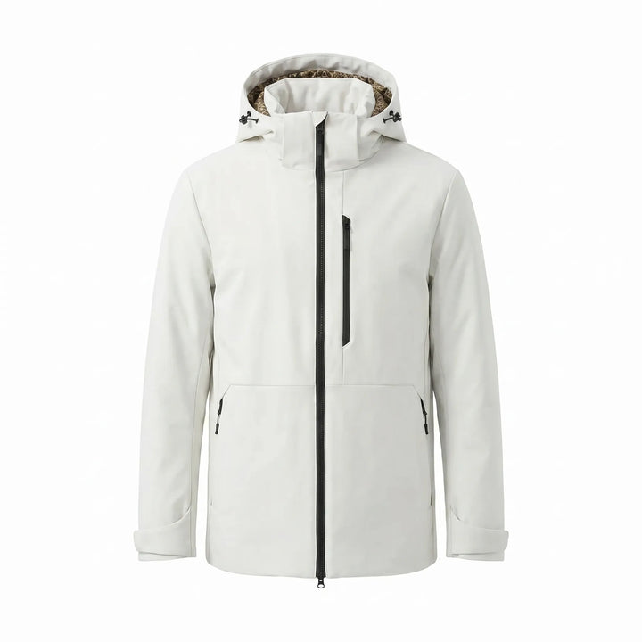 Back view of a unisex thermal windbreaker, showing ergonomic design, perfect for hiking, skiing & camping comfort.
