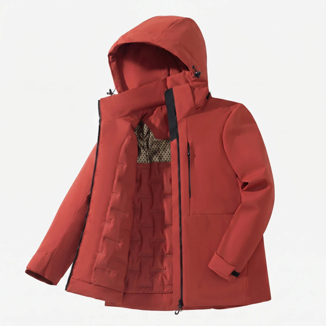 Full shot of a sleek unisex thermal windbreaker jacket, a versatile and warm outdoor coat for all seasons & activities.