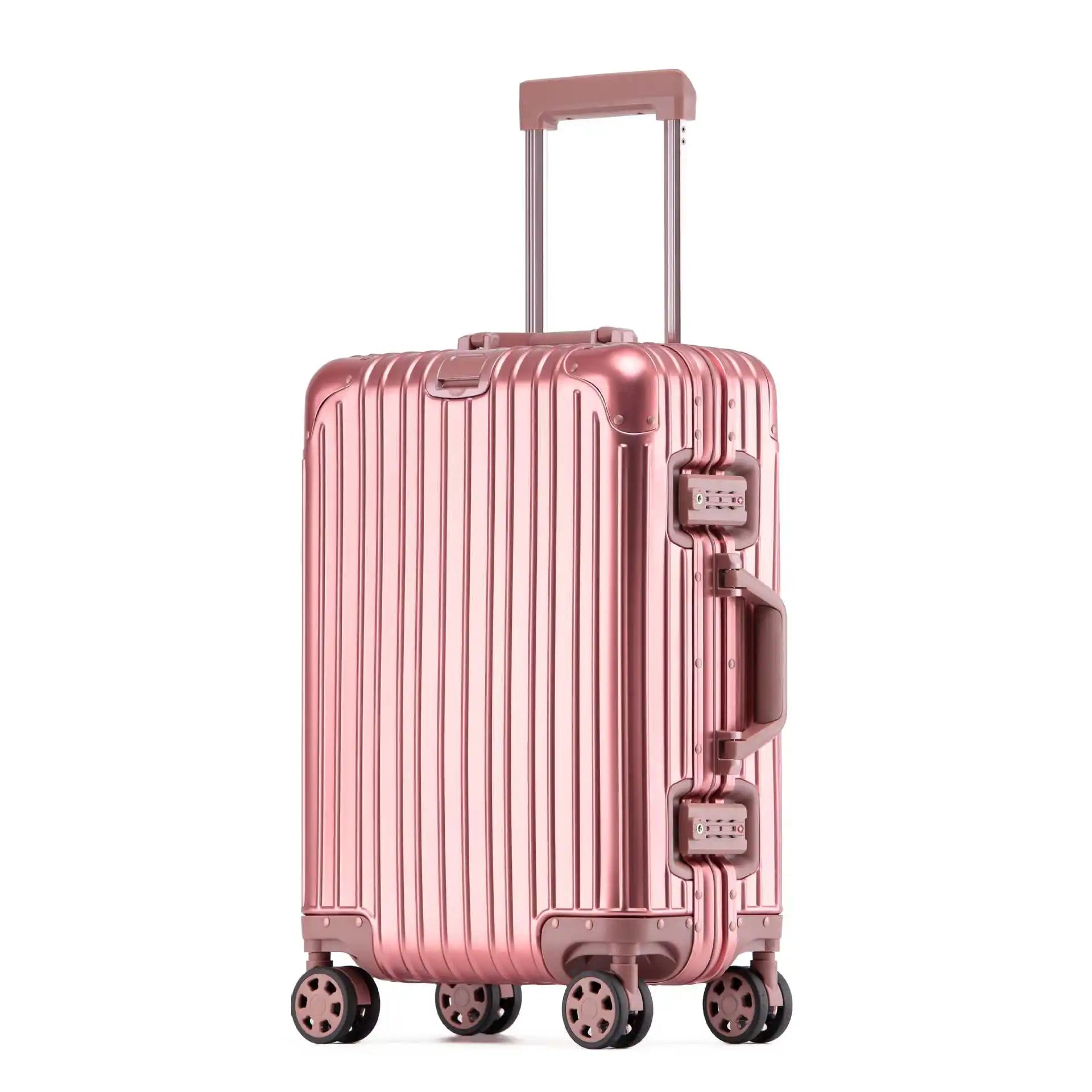 Top handle and integrated TSA lock detail on the Tirana aluminum-magnesium hardshell suitcase, secure & comfortable.