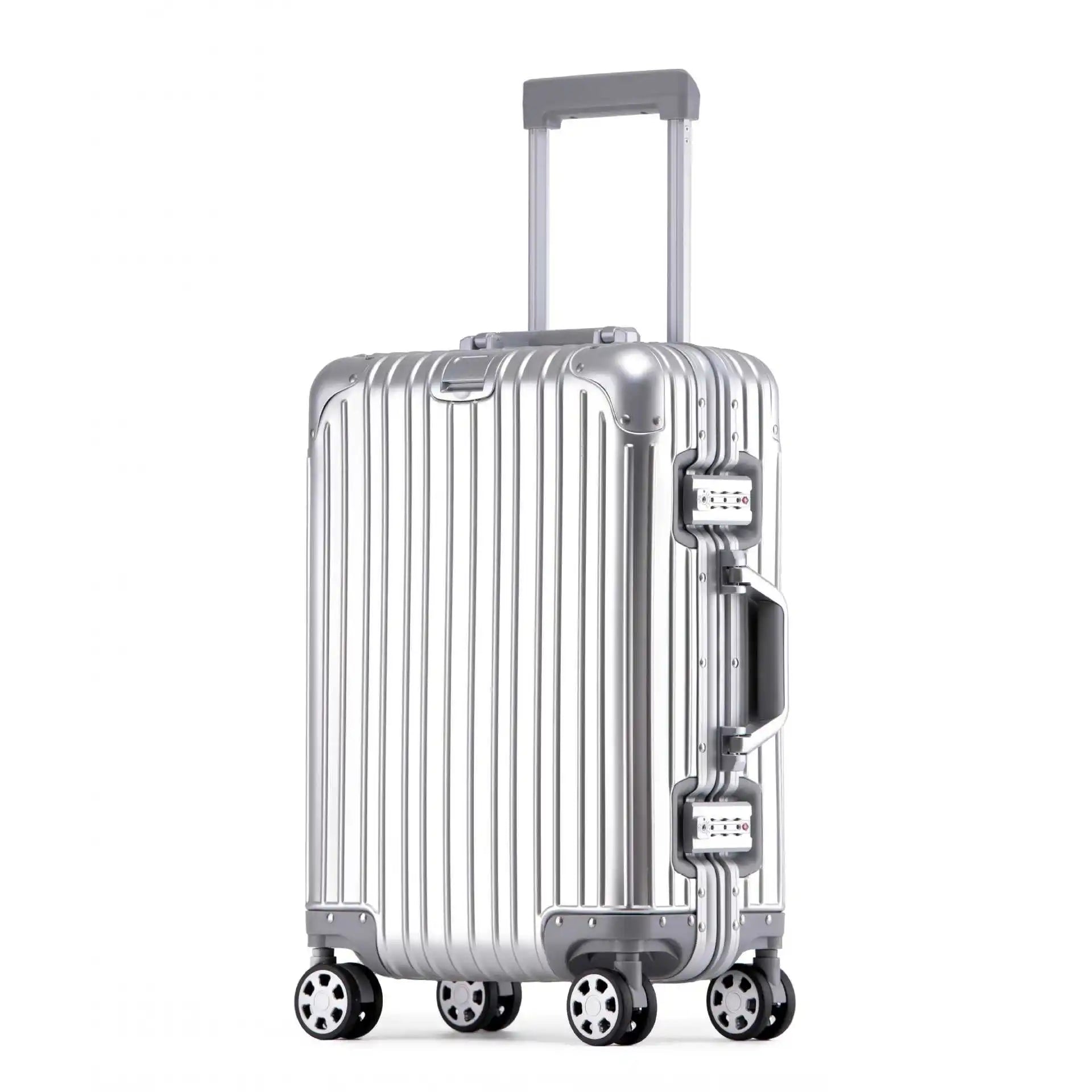 Lightweight Tirana aluminum hardshell suitcase in motion, showing smooth spinner wheels & telescopic handle extended.