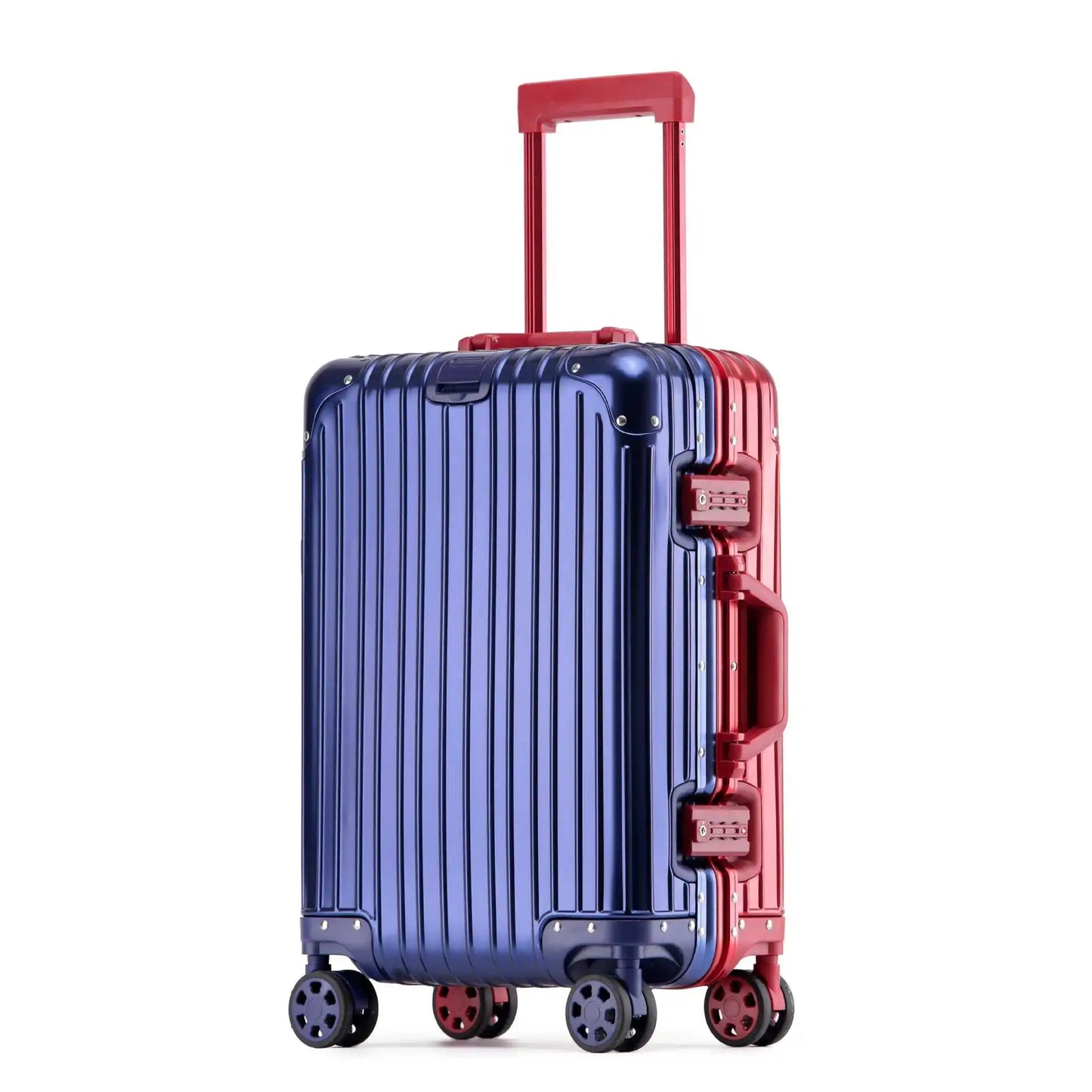 Close-up of durable spinner wheels on the Tirana unisex aluminum-magnesium hardshell suitcase, ensuring smooth mobility.