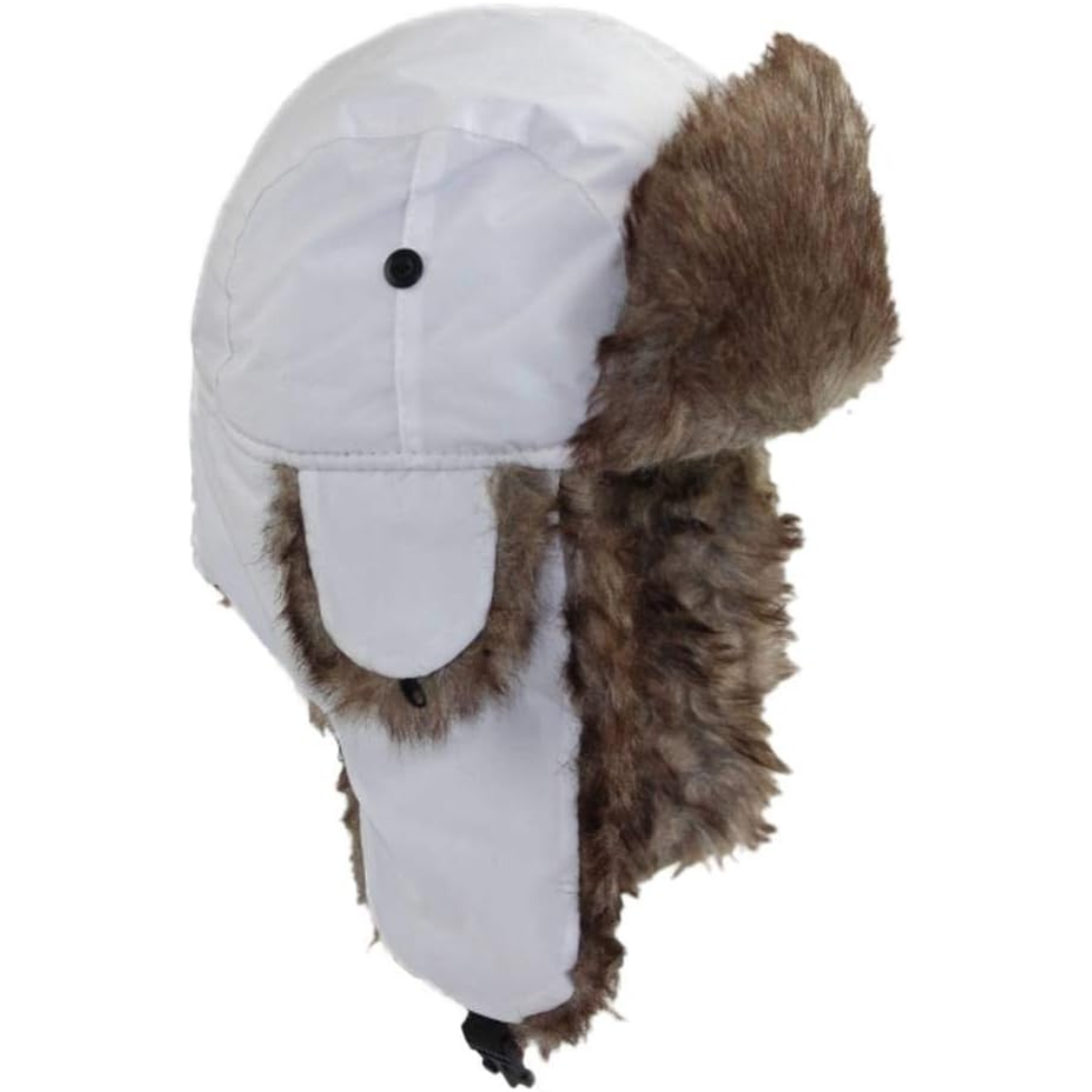 Windproof winter trapper hat with ear flaps for skiing, hiking & outdoor activities. Warm faux fur lining.