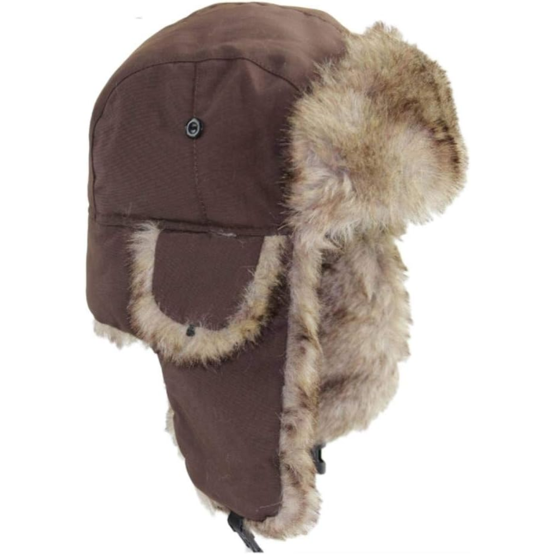 Warm skiing trapper hat with windproof design & ear flaps. Cozy cold weather headwear with faux fur for outdoors.