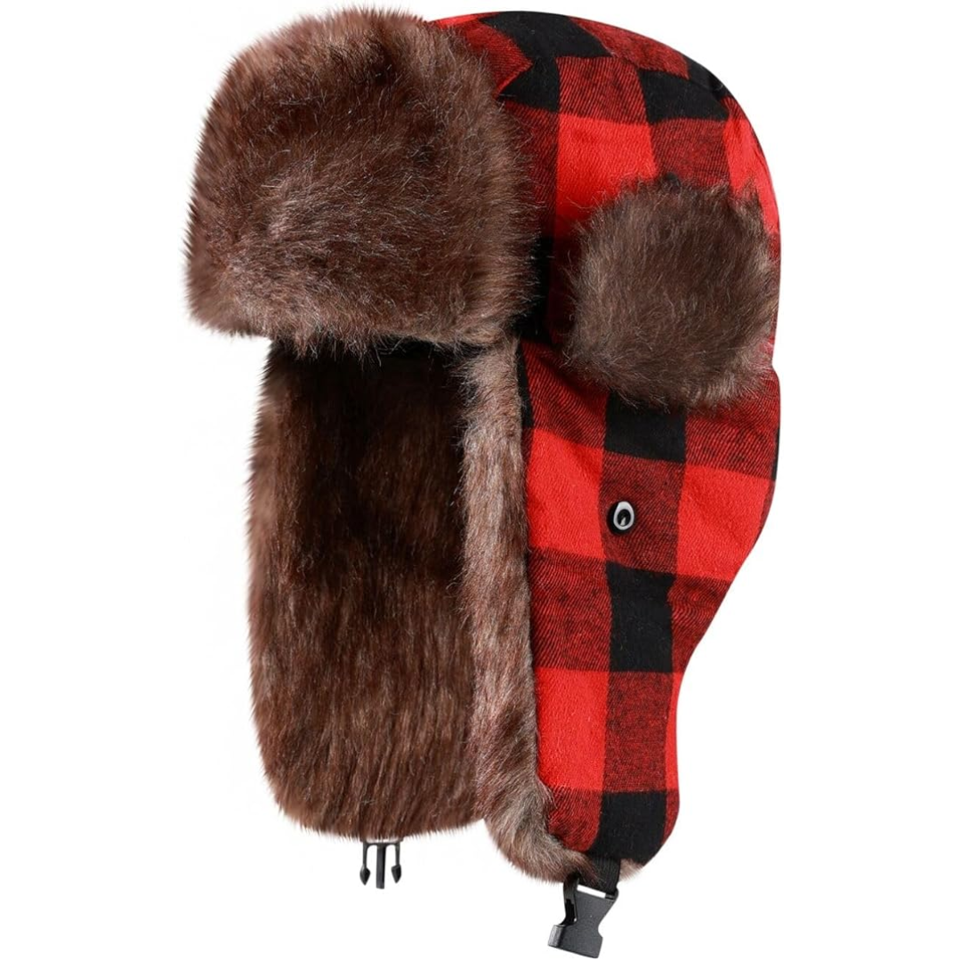 Stylish faux fur lined trapper hat, a comfortable and warm choice for winter fashion & snow.