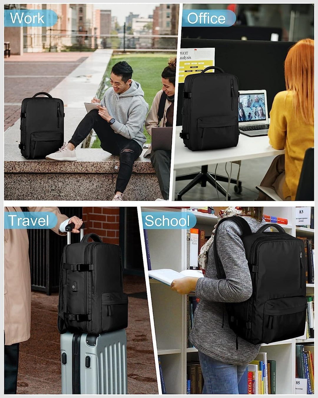 Versatile travel backpack, convertible for business or casual use, with USB and laptop compatibility.