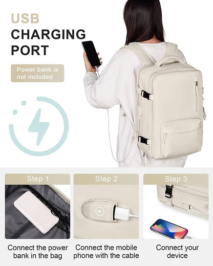 Close-up of the external USB charging port on the unisex travel backpack for easy device power.