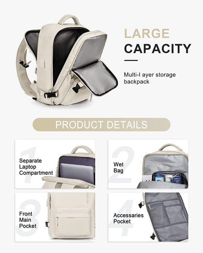 Organized travel backpack featuring internal pockets and a sleeve for a 14-inch laptop.