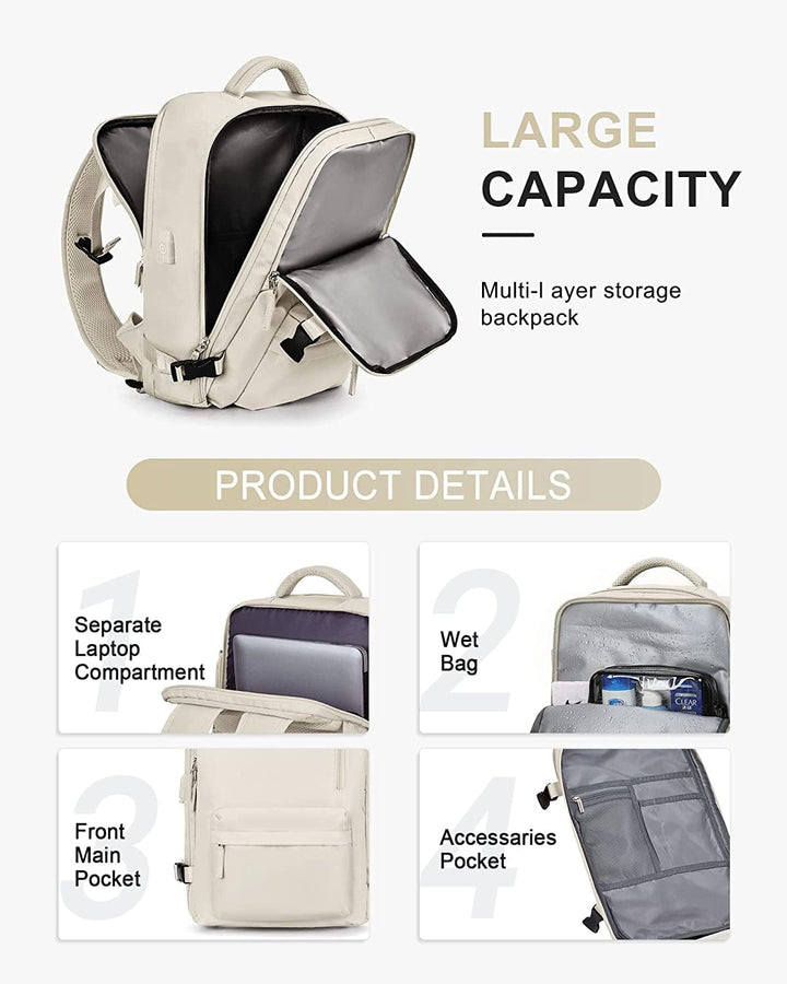 Organized travel backpack featuring internal pockets and a sleeve for a 14-inch laptop.
