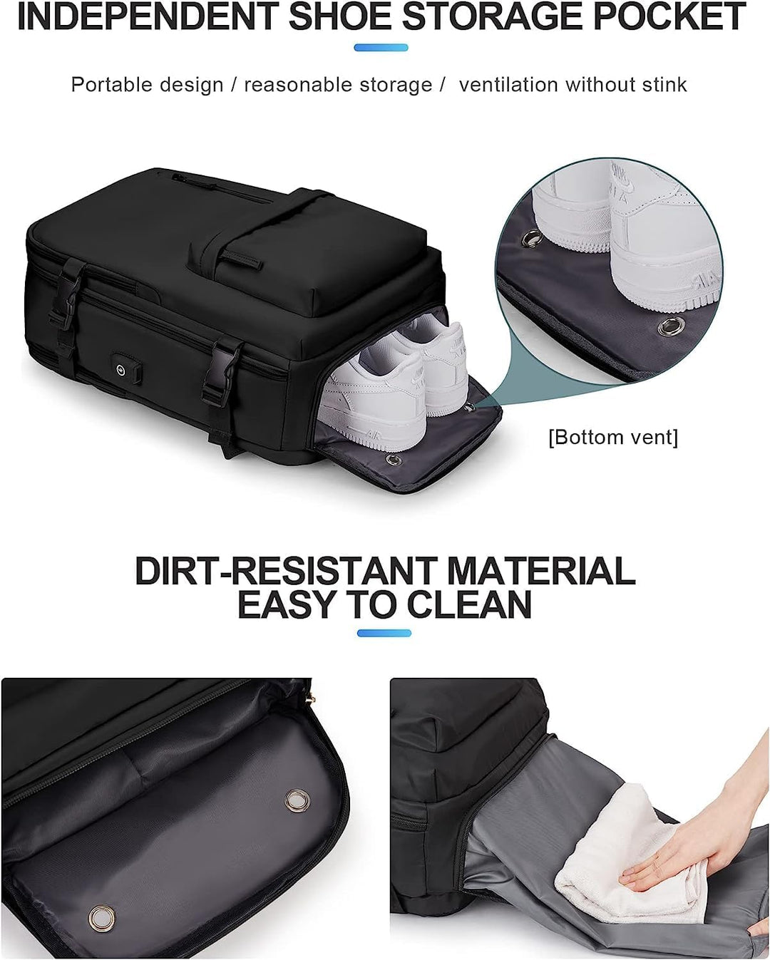 Ergonomic travel backpack for comfortable wear, featuring a USB port and laptop storage.