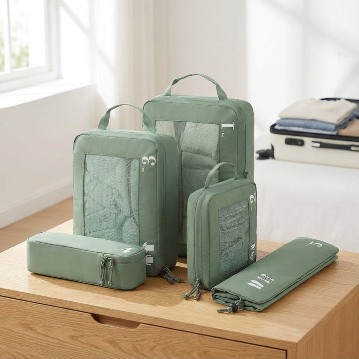 Unisex travel compression packing cube set for luggage organization, saving space in your suitcase for essentials.