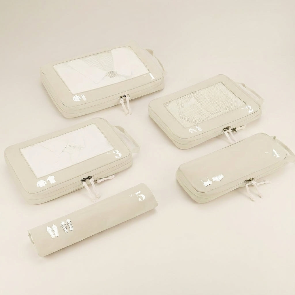 Unisex travel compression packing cube set by OrgaSwift, designed for efficient luggage organization & space saving.