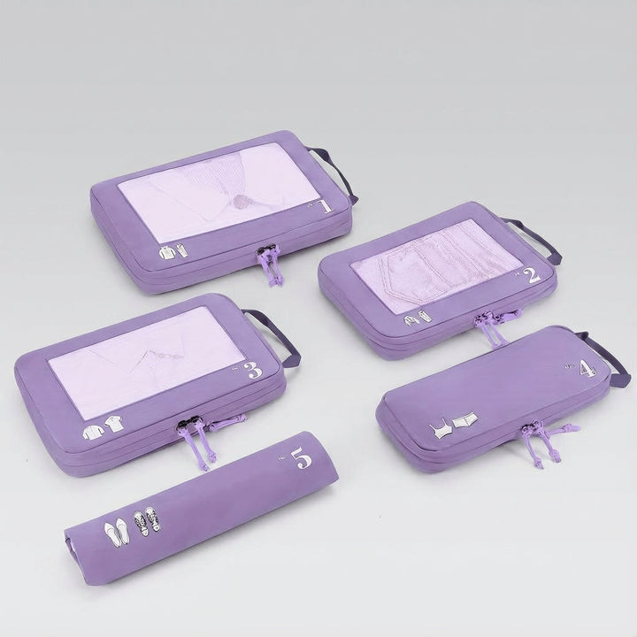 Complete set of unisex travel compression packing cubes for organized luggage, ideal for space-saving travel accessories.