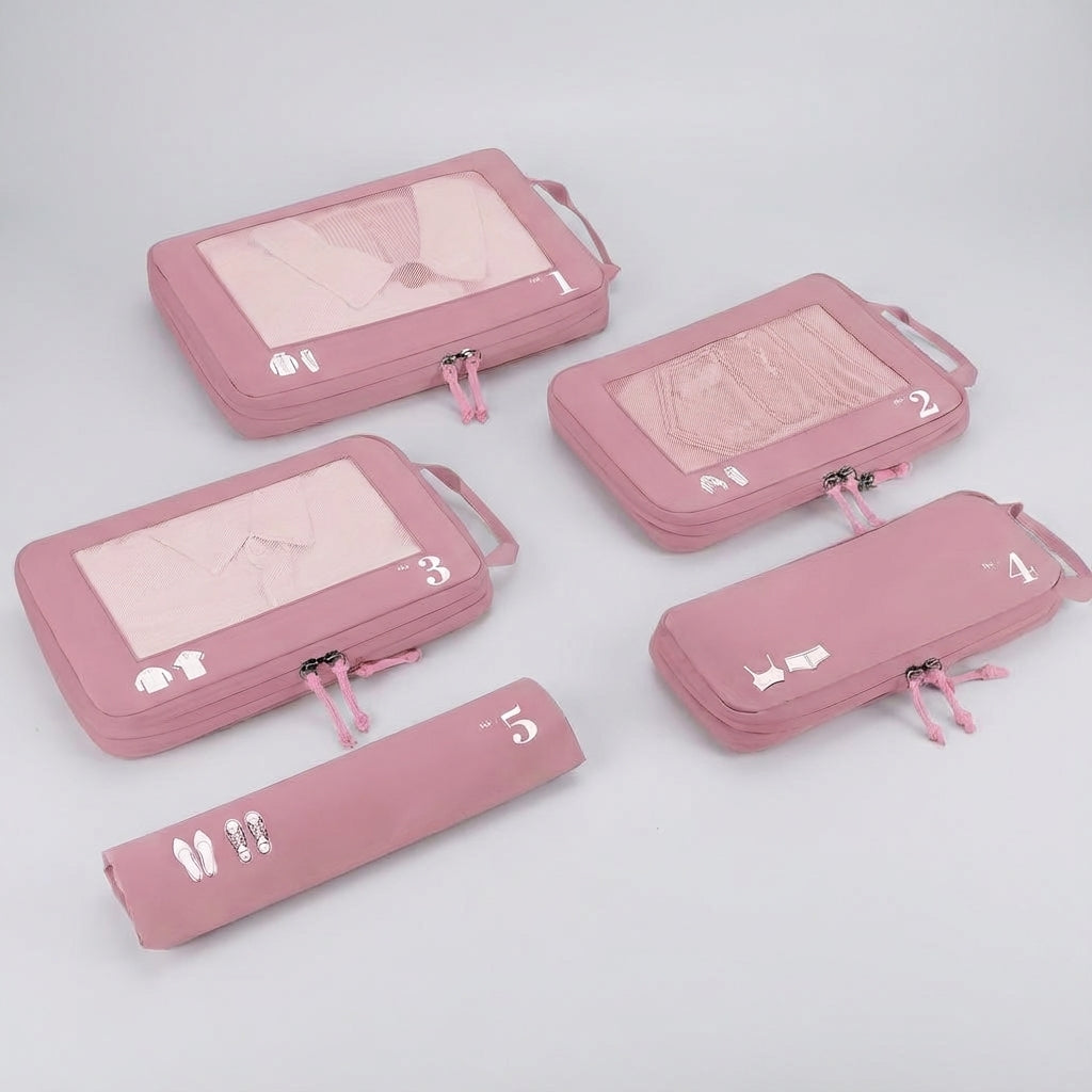 View of a unisex travel compression packing cube set in various sizes, perfect for efficient luggage organization.