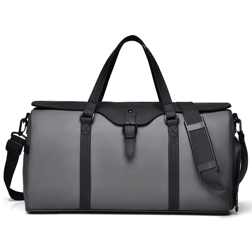 Unisex duffle bag in an airport setting, easily fitting into overhead bin as a carry-on.