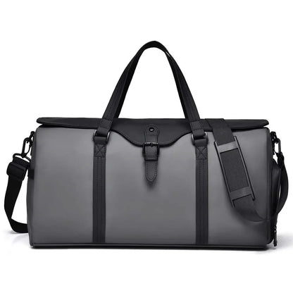 Unisex duffle bag in an airport setting, easily fitting into overhead bin as a carry-on.