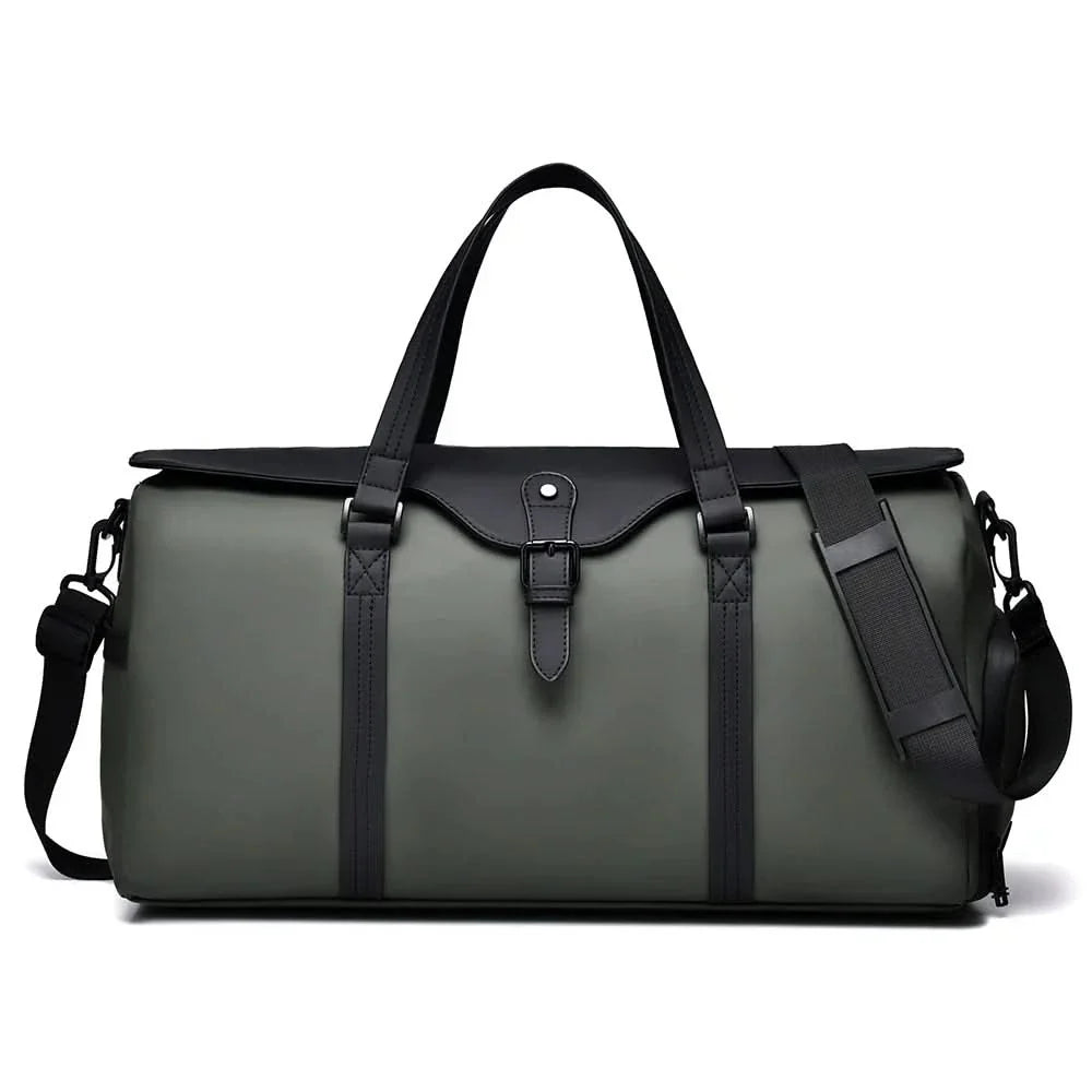 Close-up of the durable fabric and strong zippers of the grey travel duffle bag.