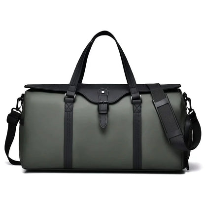 Close-up of the durable fabric and strong zippers of the grey travel duffle bag.
