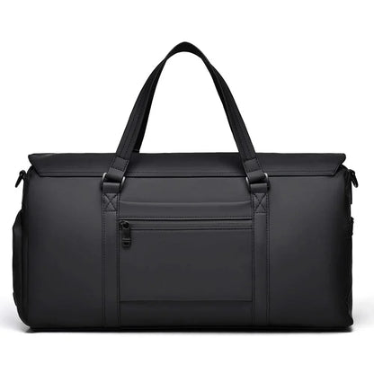 Black carry-on duffle bag for men's and women's travel, designed for weekend trips and short stays.