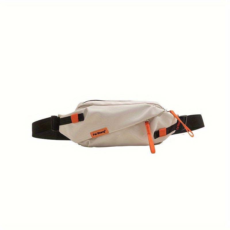 Durable water-resistant unisex sling bag, showing its compact design & secure zippers, ideal for travel.