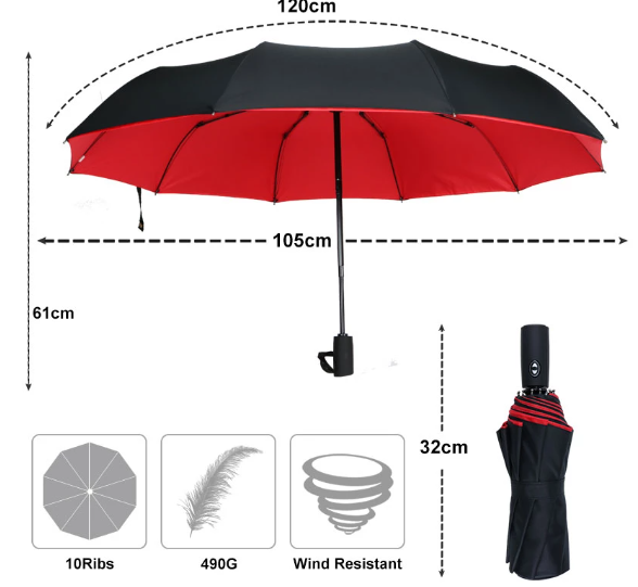 Foldable windproof umbrella, ultra-durable construction for storm protection. Essential portable travel gear.