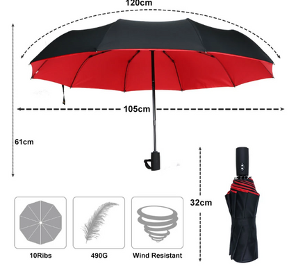 Foldable windproof umbrella, ultra-durable construction for storm protection. Essential portable travel gear.