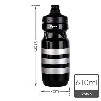 Close-up of a leak-proof cycling water bottle, 610ml, showing secure cap and design