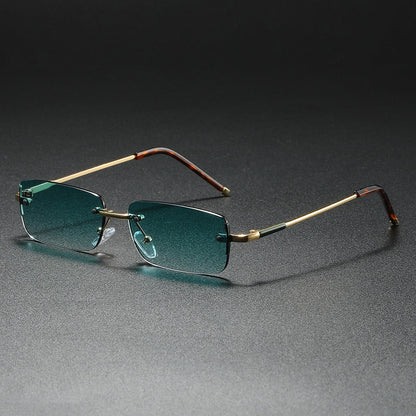 Elegant unisex rimless rectangular sunglasses with gradient lenses. Lightweight eyewear for sun protection.
