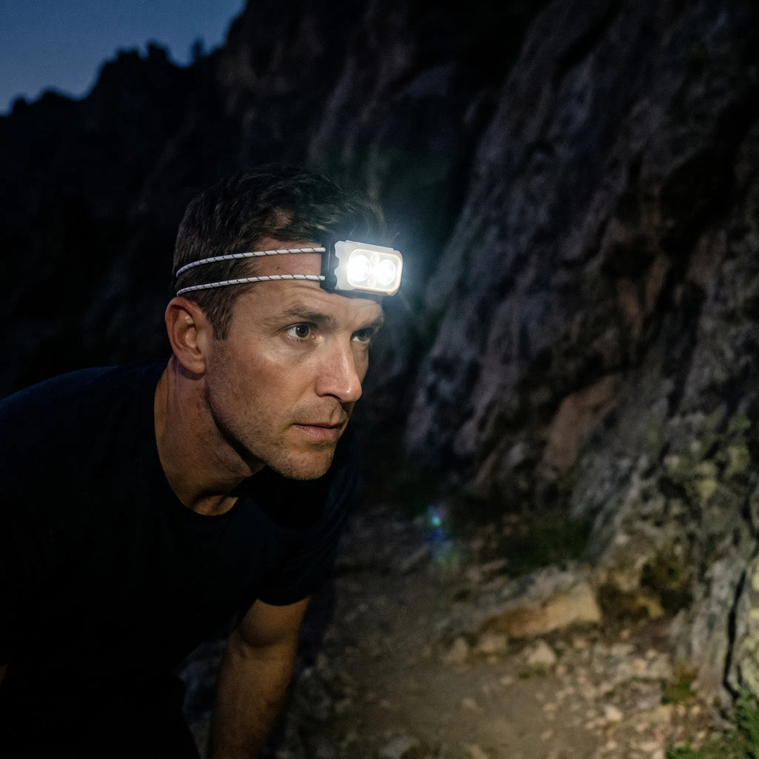 Unisex ultra-lightweight rechargeable headlamp for camping, hiking, and hands-free outdoor adventures.