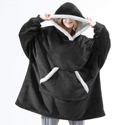 Wearable blanket hoodie, plush material for ultimate cozy relaxation at home.