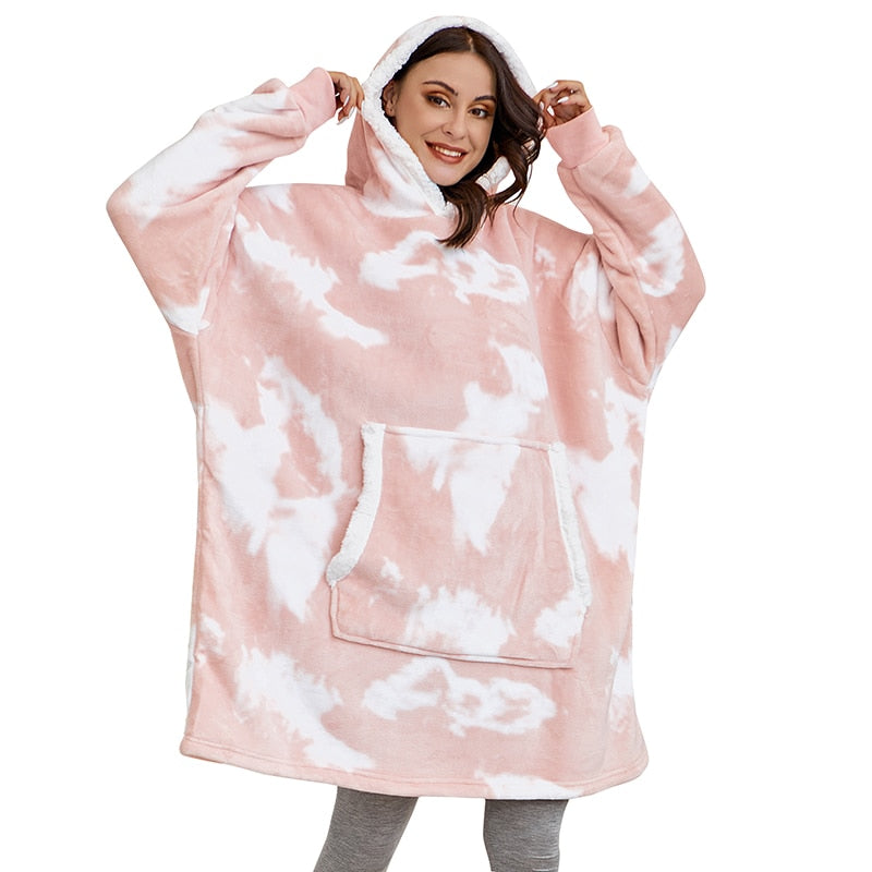 Cozy hoodie blanket with elastic cuffs, ultra-soft plush for loungewear.