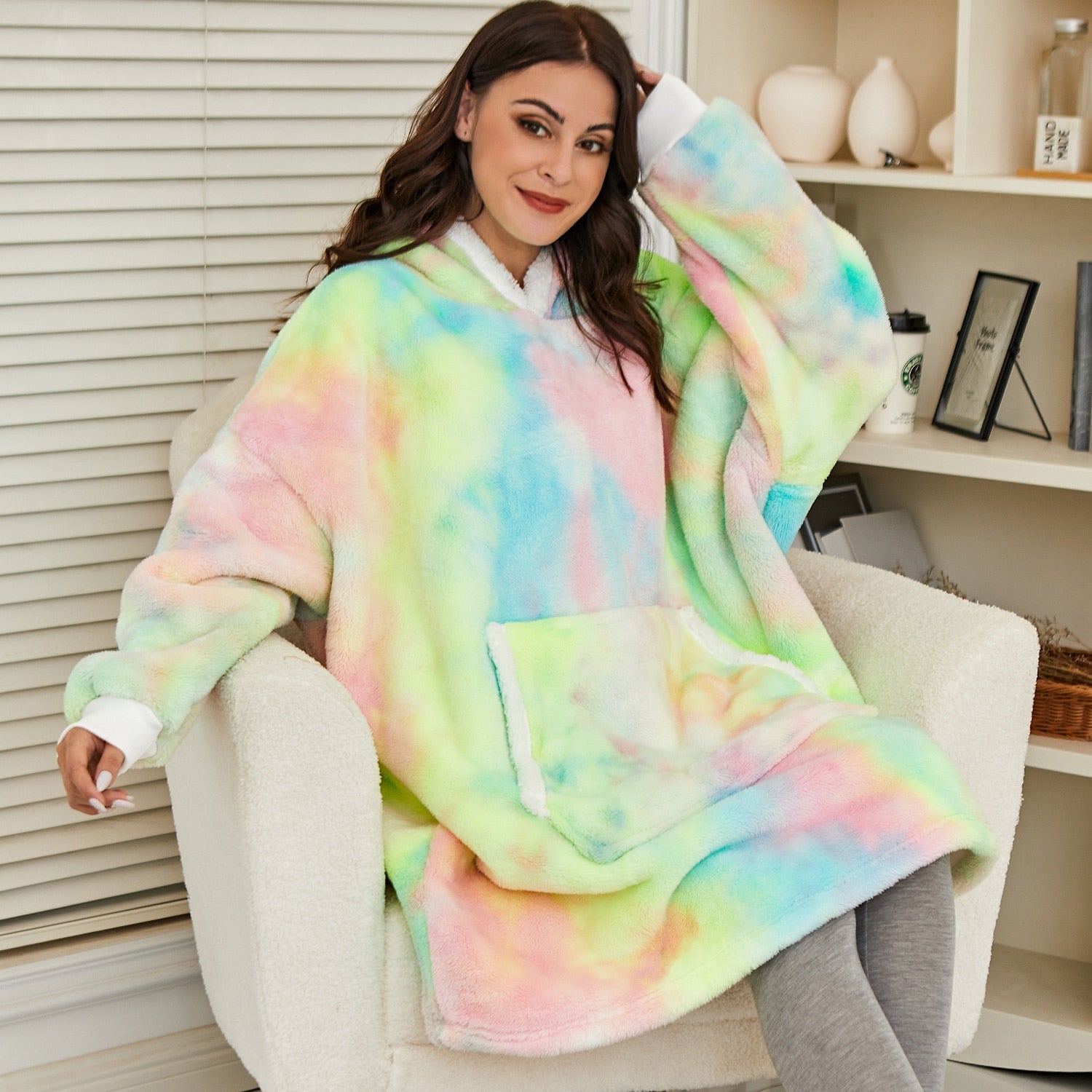 Oversized plush wearable blanket, ideal for snuggling and ultimate comfort.