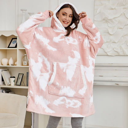 Warm blanket hoodie with a large front pocket, ultra-soft for home wear.