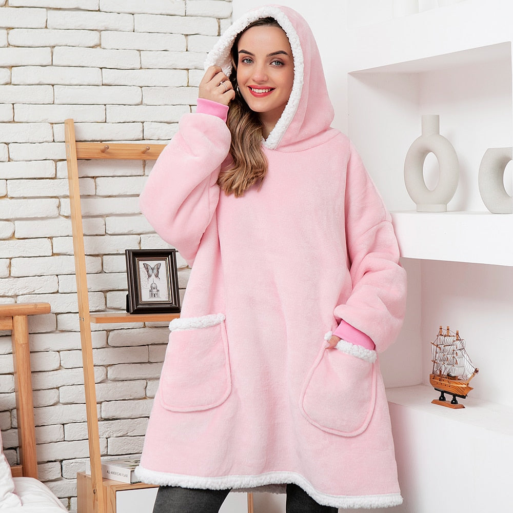 Soft beige wearable blanket, oversized for ultimate comfort and snuggle.
