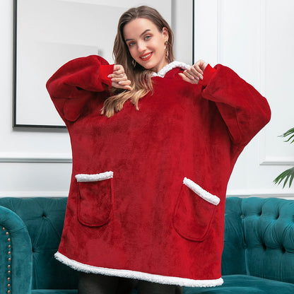 Wearable blanket hoodie with a cozy hood, ultra-soft for home wear.