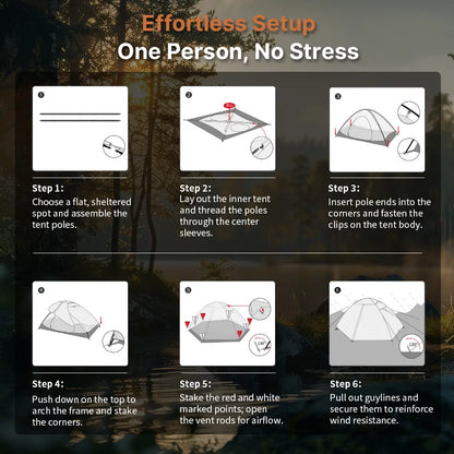 Robust waterproof camping tent, fits 1-2 persons comfortably, essential ultralight outdoor gear