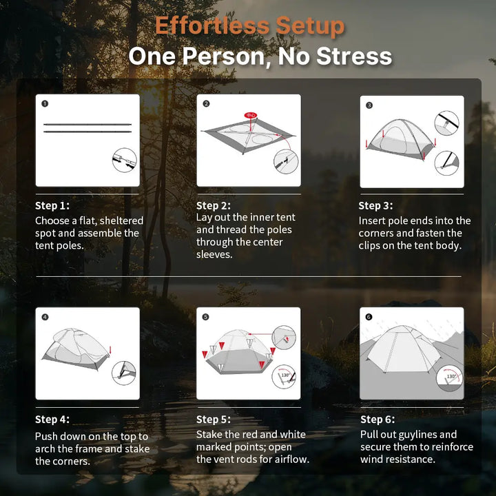 Robust waterproof camping tent, fits 1-2 persons comfortably, essential ultralight outdoor gear