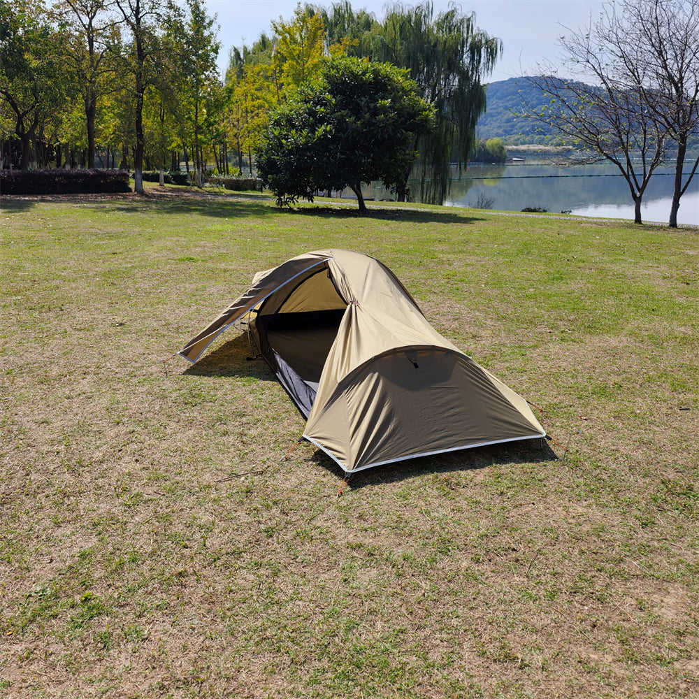 Unisex ultralight backpacking tent with a single pole setup, essential camping gear for solo trips.