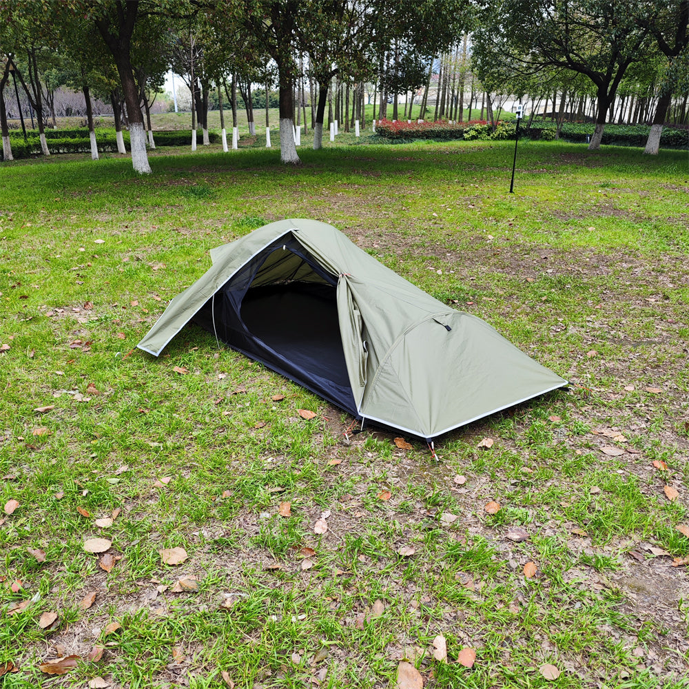 High-performance backpacking tent, ultralight and waterproof for a single person's camping needs.
