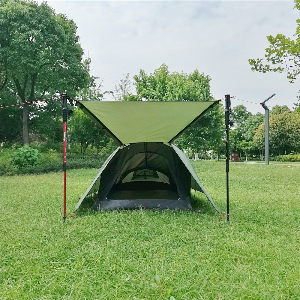 Close-up of the waterproof rainfly fabric of the all-season backpacking tent, ensuring dry camping.