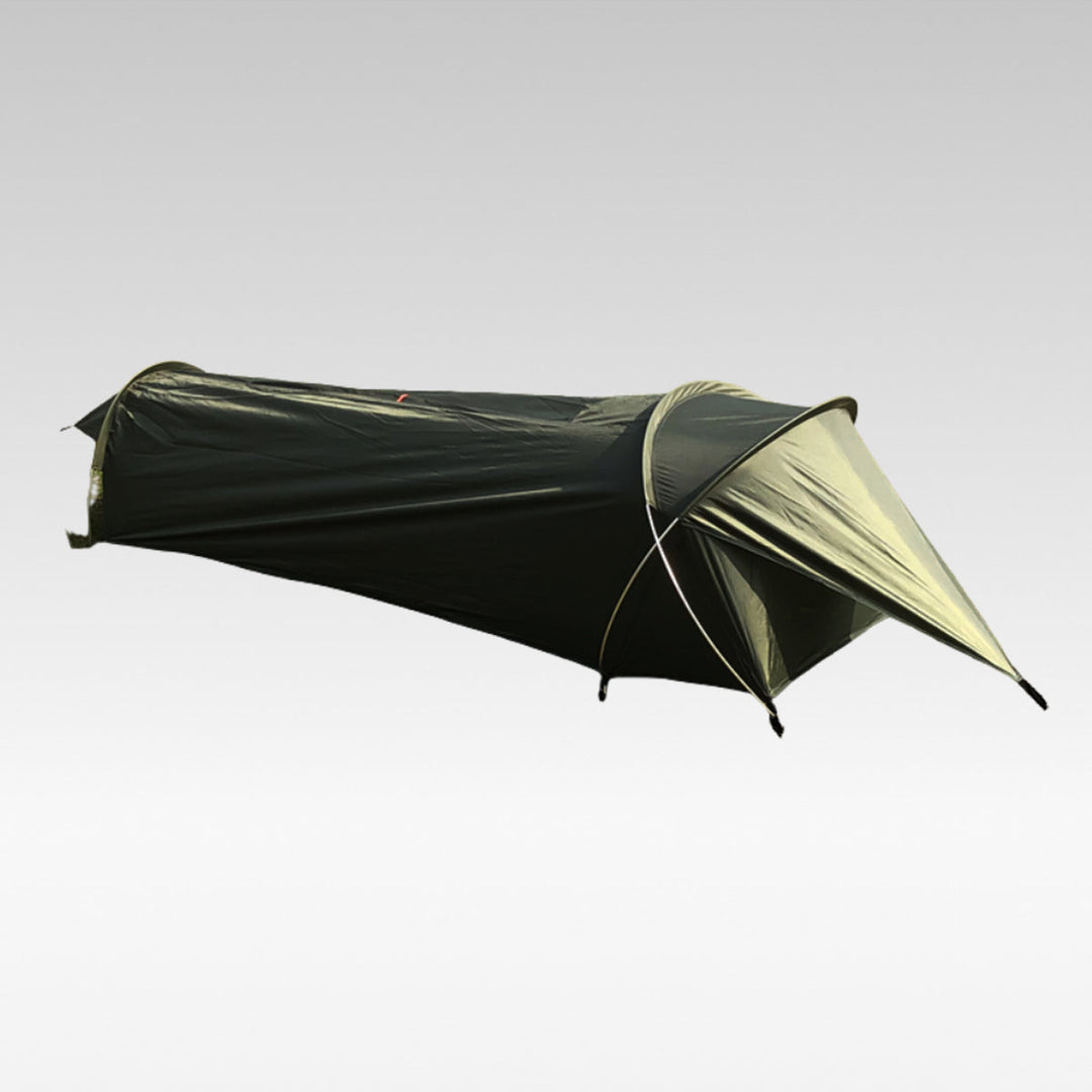 Unisex ultralight 1kg backpacking bivy tent shelter set up outdoors, single person camping gear.