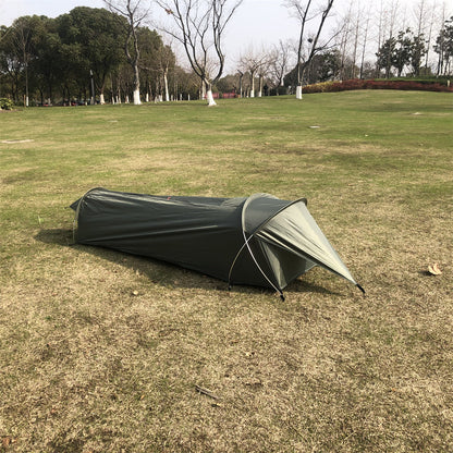Side view of a single person backpacking bivy tent shelter, ideal for minimalist camping.