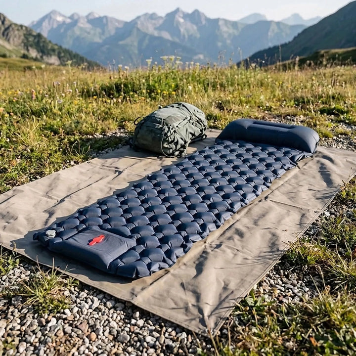 Unisex ultralight camping sleeping pad with integrated foot pump. Perfect for backpacking & travel comfort.