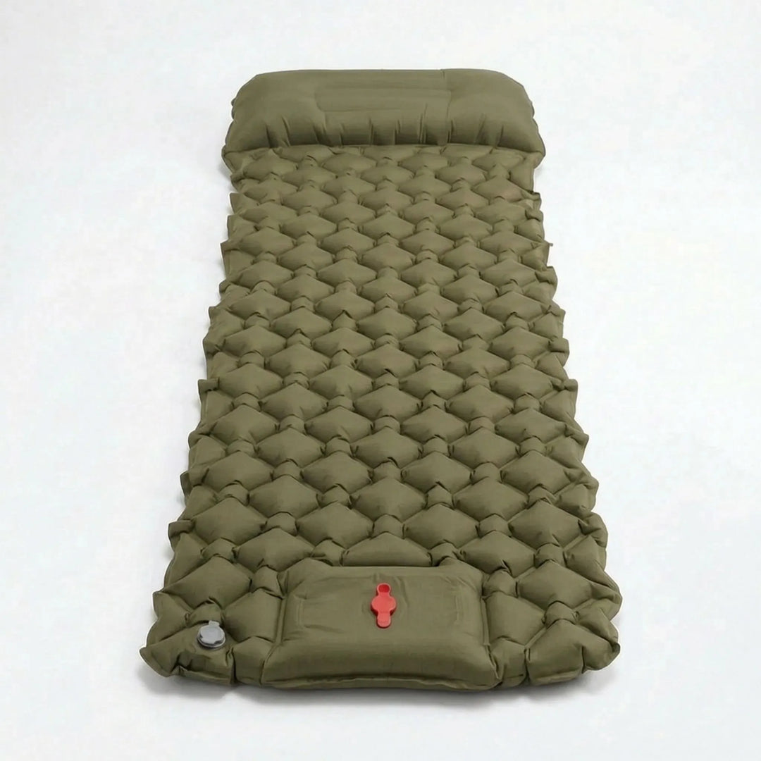 Rolled & packed ultralight sleeping pad, ready for travel. Foot pump ensures easy inflation for camp comfort.
