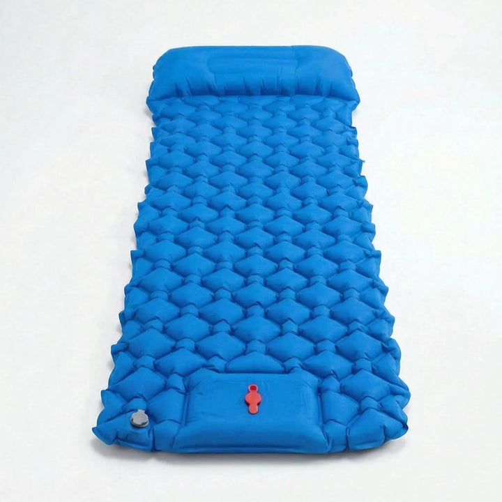 Textured view of an ultralight camping mat, emphasizing its durability & comfort. Features a foot pump.