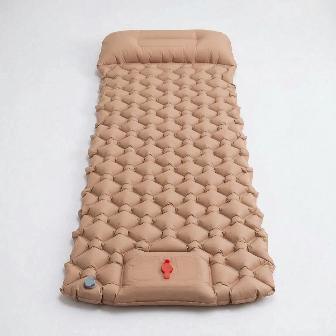 Experience ultimate comfort with this portable ultralight camping sleeping pad & integrated foot pump for easy setup.