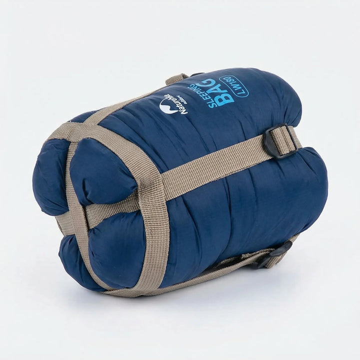 Rolled compact ultralight summer sleeping bag, ideal for backpacking & travel. Water repellent outdoor gear.